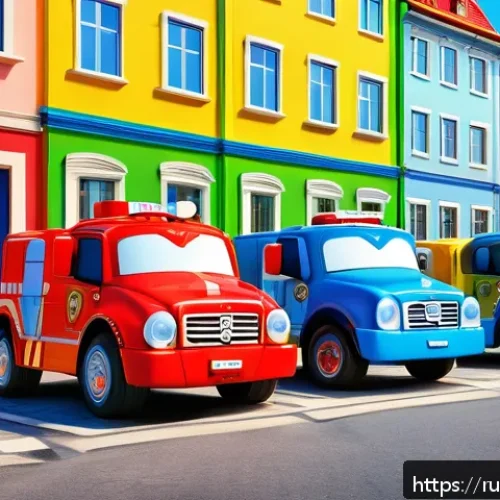 Home 17 로보카폴리 연출 기법 - A vibrant 3D-rendered scene featuring a group of colorful anthropomorphic rescue vehicles modeled af...