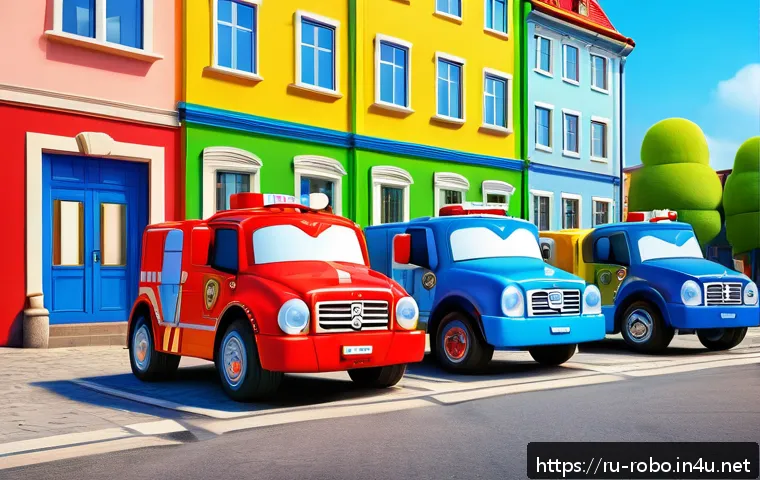 로보카폴리 연출 기법 - A vibrant 3D-rendered scene featuring a group of colorful anthropomorphic rescue vehicles modeled af...
