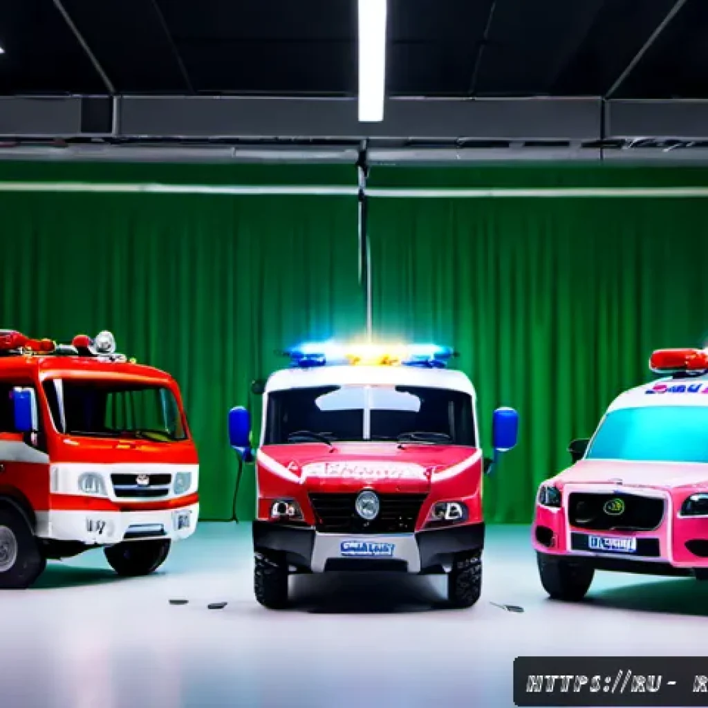로보카폴리 캐릭터별 목소리 - Photorealistic cinematic CGI scene of four friendly transforming rescue vehicles inspired by a blue ...