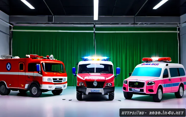 로보카폴리 캐릭터별 목소리 - Photorealistic cinematic CGI scene of four friendly transforming rescue vehicles inspired by a blue ...