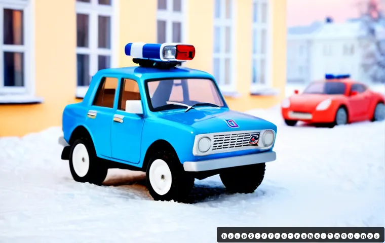 로보카폴리 명언 - Photorealistic miniature scene of a friendly blue robotic police rescue car helping a small red toy ...