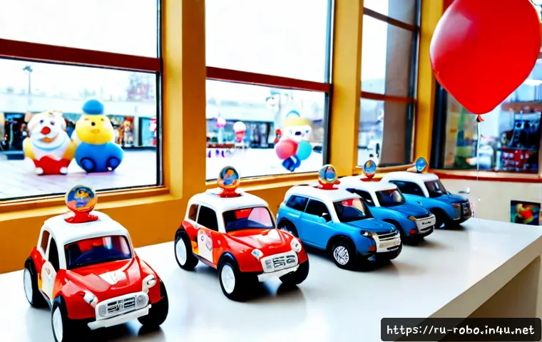 Home 17 로보카폴리 굿즈 이벤트 - Photorealistic family-friendly toy giveaway display in a bright Russian shopping mall, colorful mini...