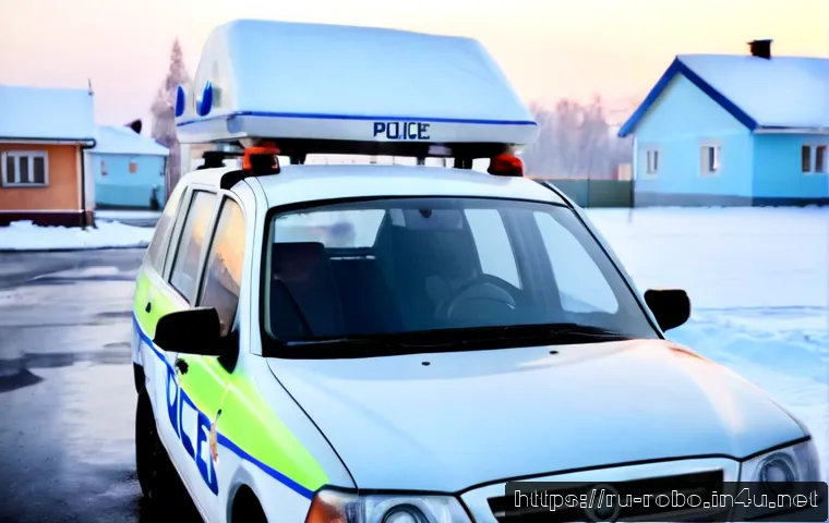 로보카폴리의 애니메이션 스타일 - Photorealistic friendly compact police rescue car with expressive windshield eyes, parked beside a s...