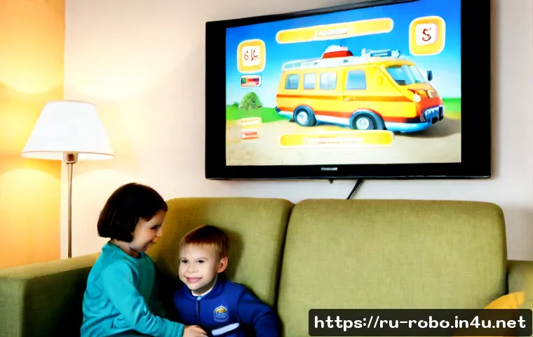 로보카폴리 방영일정 - Photorealistic cozy Russian family living room at early evening, a child and parent watching a color...