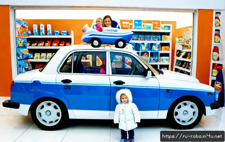 로보카폴리와 브랜드 협력 - Photorealistic Russian family lifestyle scene in a bright Moscow children’s store, a friendly blue-a...