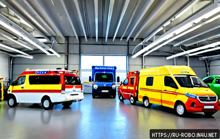 로보카폴리 차고지 설정 - Photorealistic child-friendly emergency vehicle garage interior in a modern Russian city, four color...